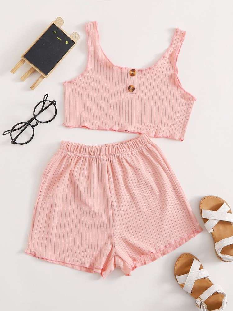 Sleeveless Regular Fit Plain Button Toddler Girl Two-piece Outfits 1004