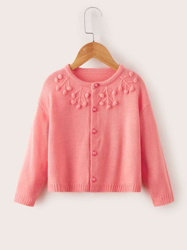 Round Neck Long Sleeve Coral Pink Pom Pom Toddler Girl Cardigans 718