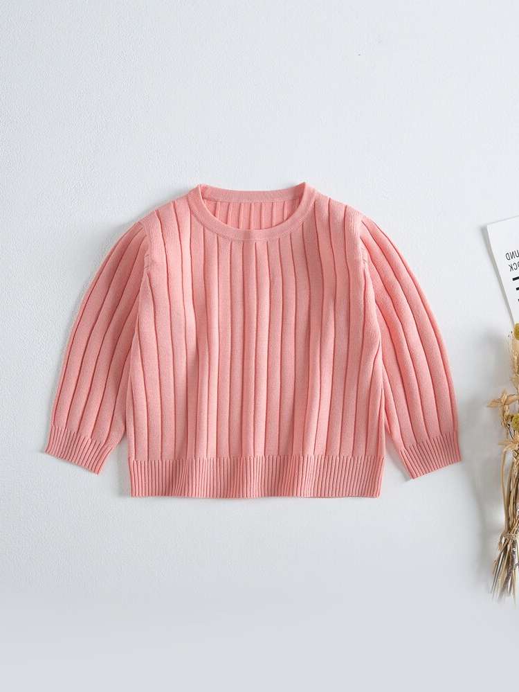  Round Neck Coral Pink Plain Toddler Girl Sweaters 3893