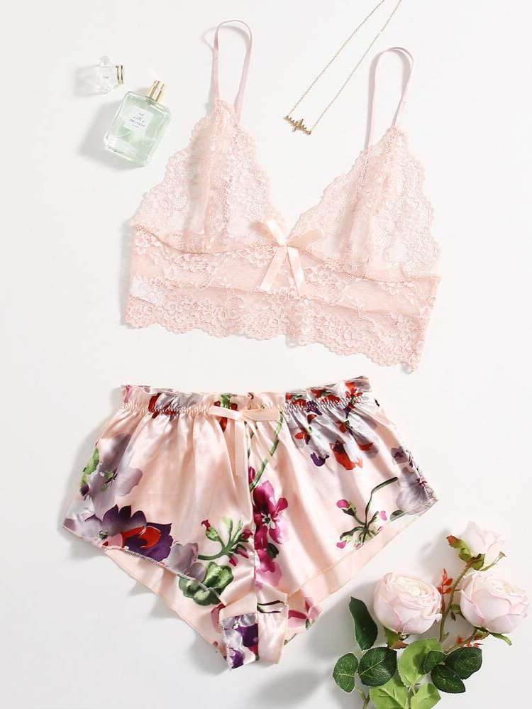 Contrast Lace Coral Pink Floral Underwear  Sleepwear 904