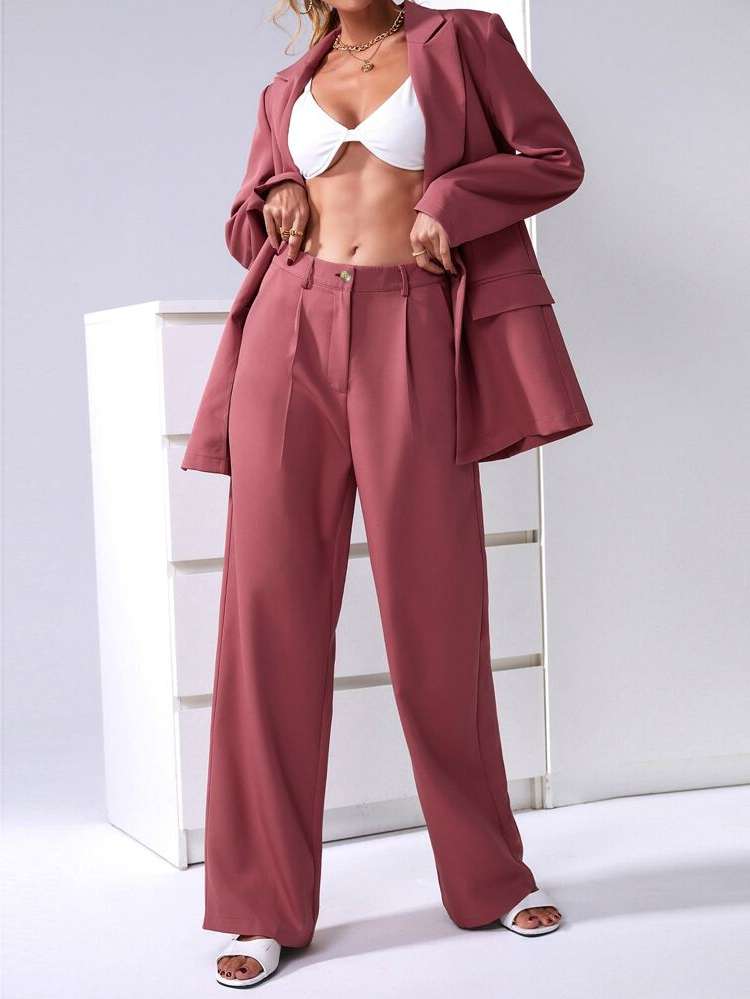 Coral Pink Regular Fit Long Sleeve Women Suit Sets 163