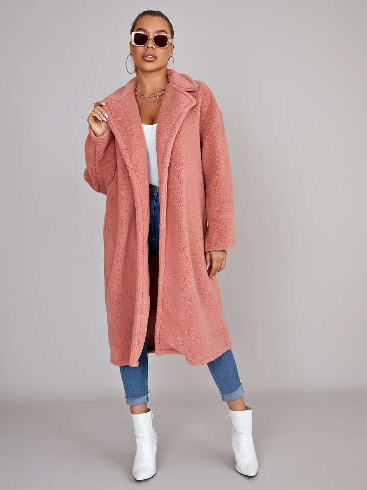 Lapel Coral Pink Plain Button Front Women Coats 2717