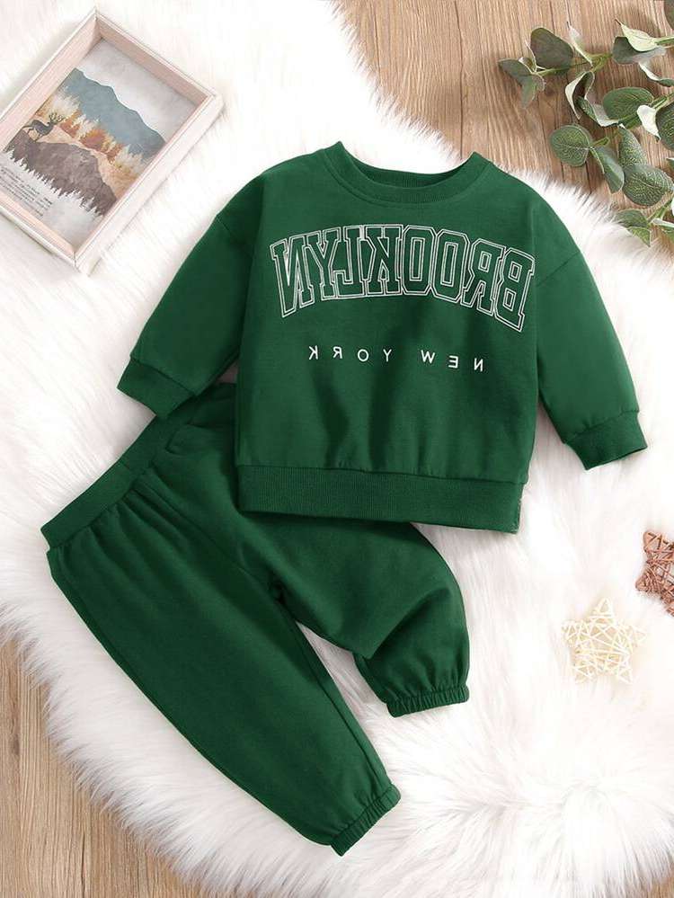 Dark Green Casual Long Sleeve Baby Sets 1726