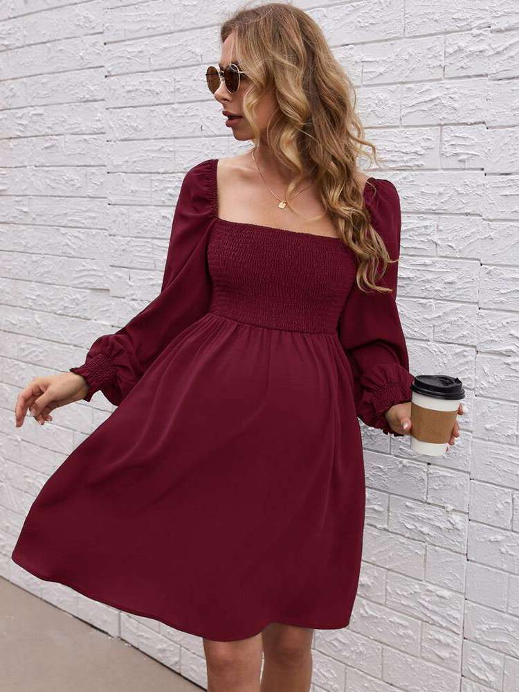 Square Neck Short Plain Boho Maternity Dresses 2053