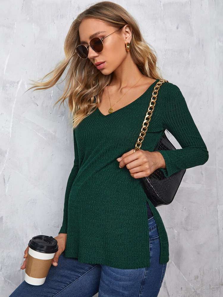 Plain V neck Casual Maternity Tops 4027