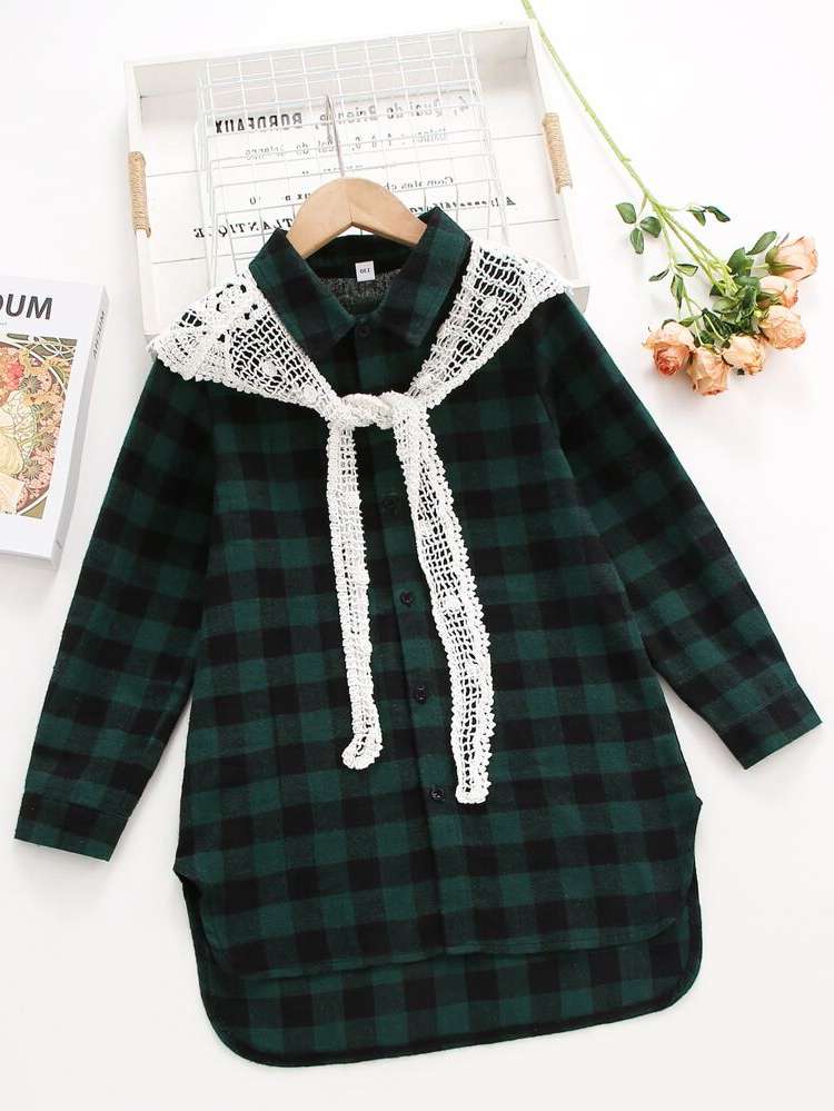 Dark Green Preppy Gingham Girls Clothing 4727