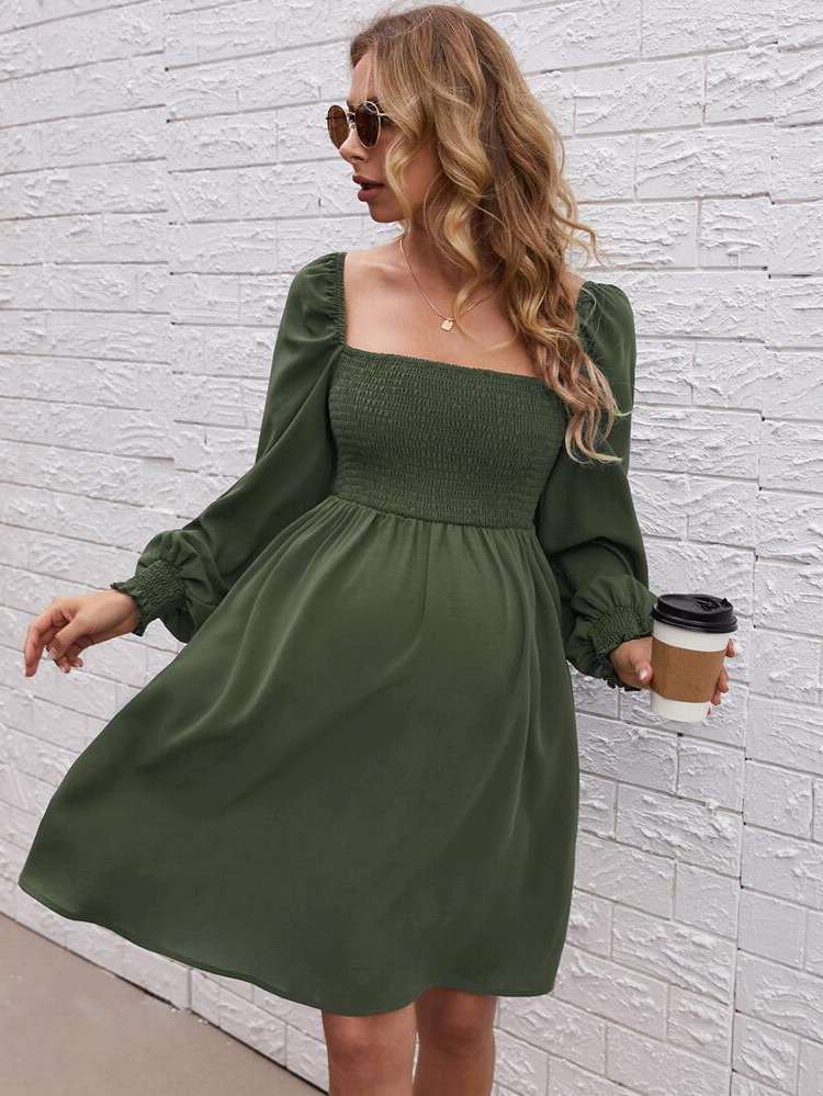 Dark Green Shirred Regular Fit Maternity Dresses 9280