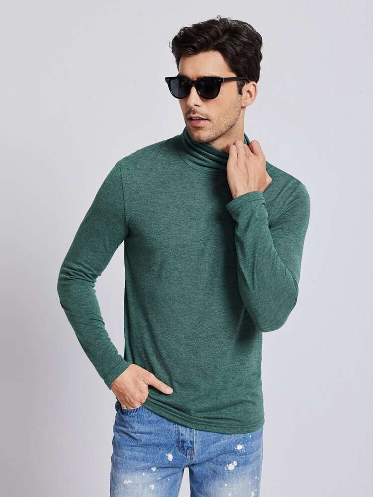 Plain Casual Long Sleeve High Neck Men T-Shirts  Tanks 393