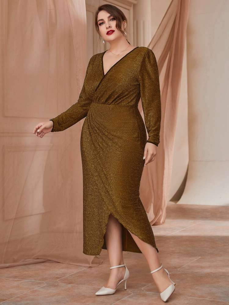 Plain Ruched V neck Long Plus Size Dresses 407