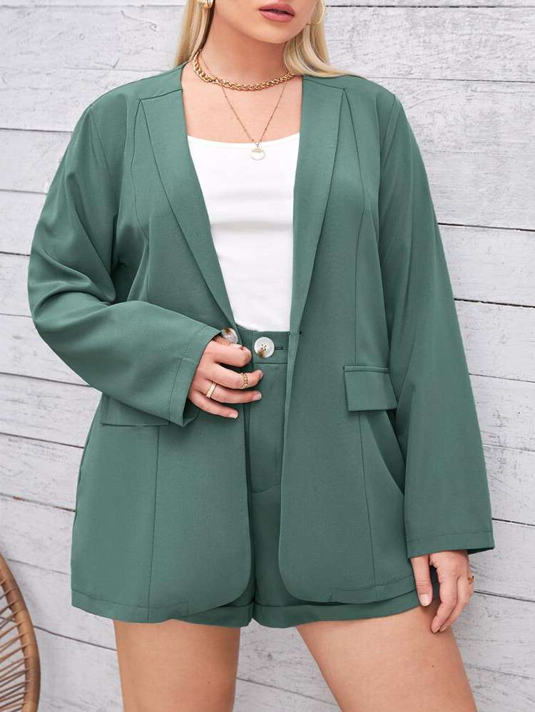 Regular Fit Plain Dark Green Plus Size Suit Sets 4715