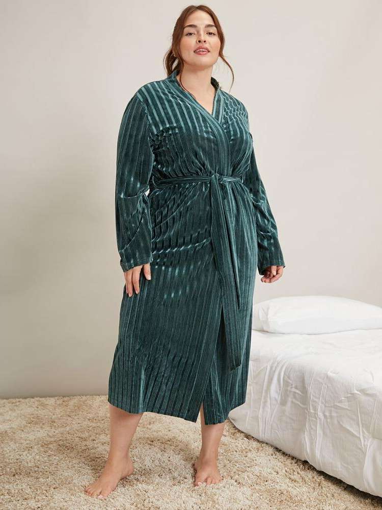 V neck Belted Long Sleeve Dark Green Underwear  Sleepwear 6864