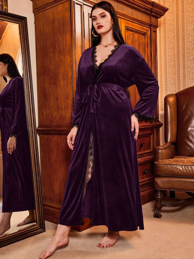 Deep V Neck Long Sleeve Dark Green Belted Plus Size Robes  Robe Sets 3131