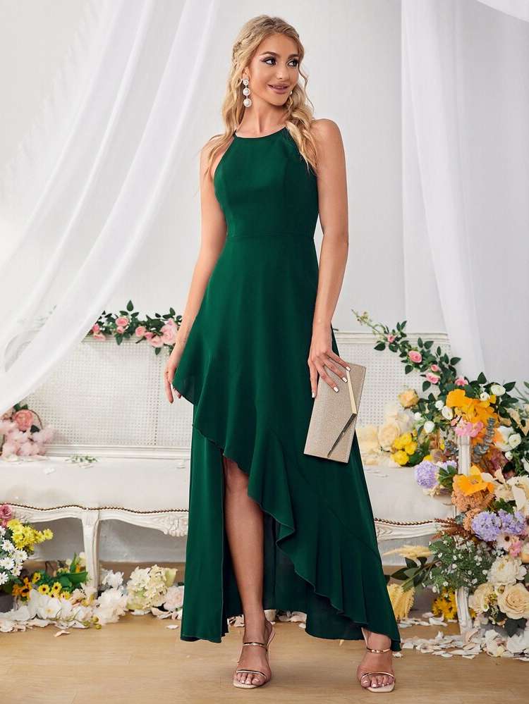 Asymmetrical Plain Dark Green Maxi Wedding  Special 1132