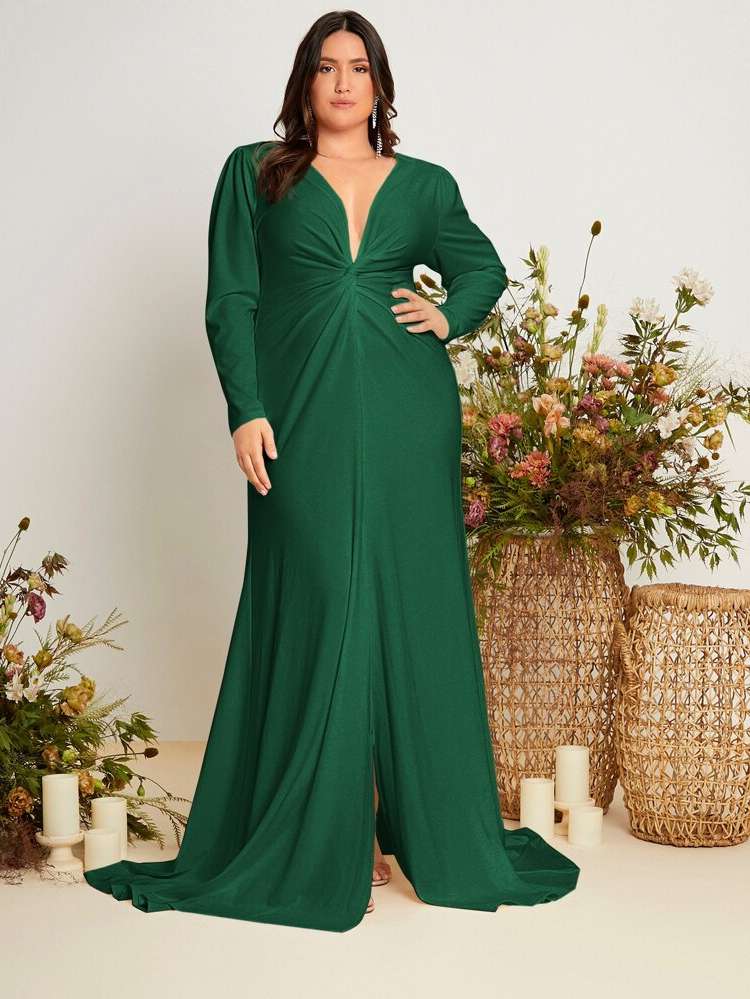 Zipper Maxi Dark Green Plus Size Wedding Party Wear 650