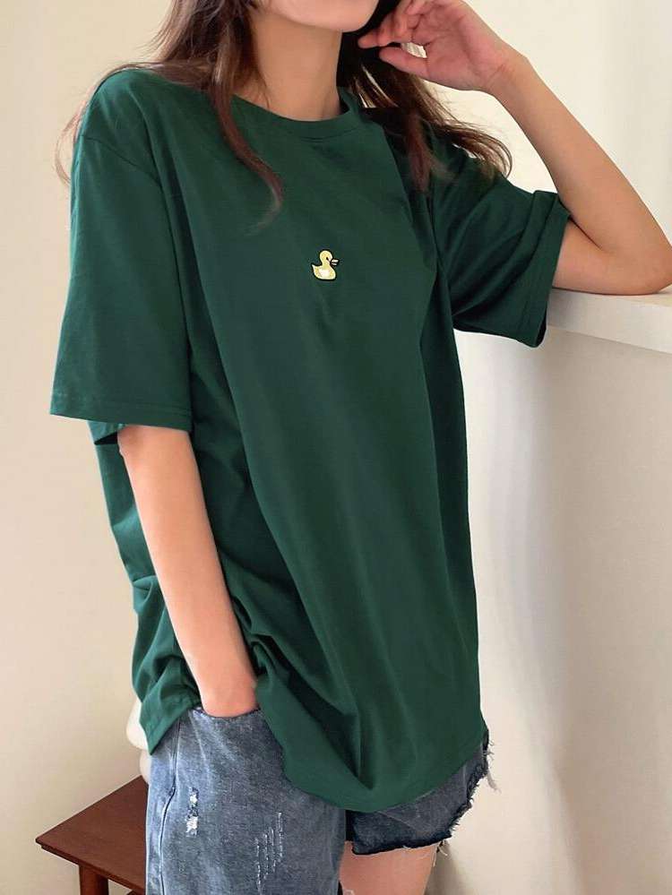 Long Casual Short Sleeve Dark Green Women Tops, Blouses  Tee 693