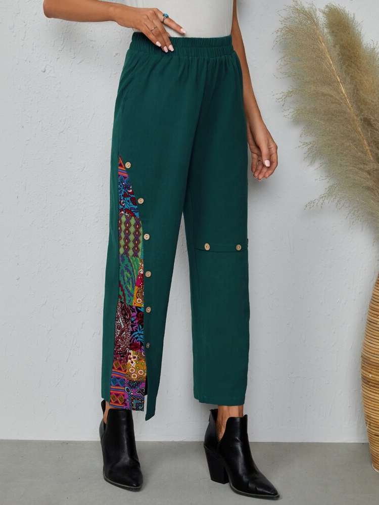 Boho Button Dark Green Women Pants 4164