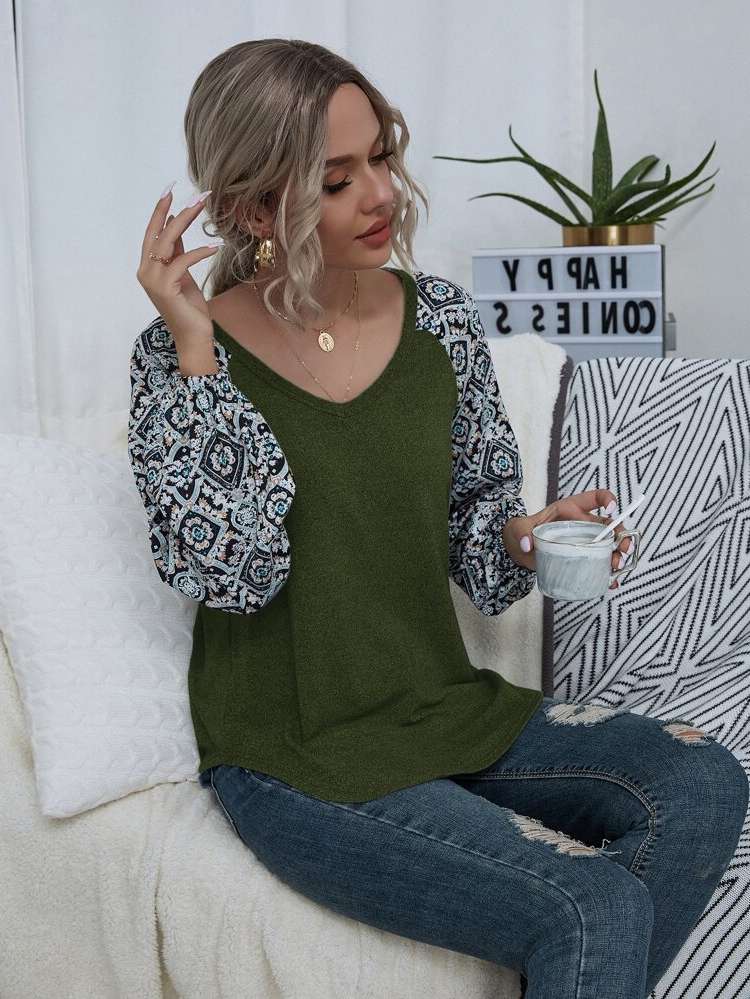 Dark Green Long Sleeve Regular Fit Regular Women Tops, Blouses  Tee 366