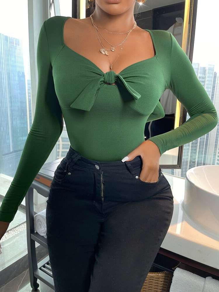  Dark Green Sexy Tie Front Women Tops, Blouses  Tee 4584