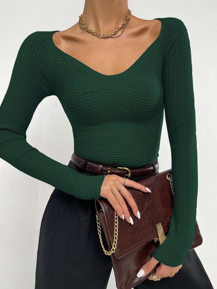 Plain Regular Dark Green Slim Fit Women Sweaters 6009