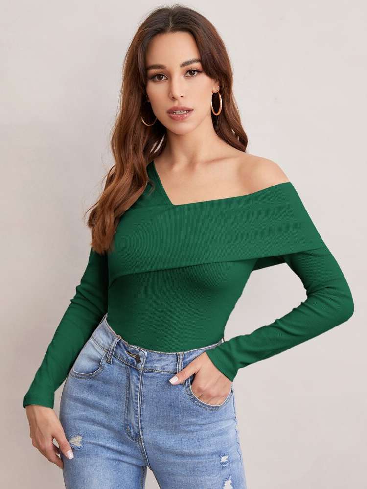 Dark Green Long Sleeve Rib-Knit Women T-Shirts 2389