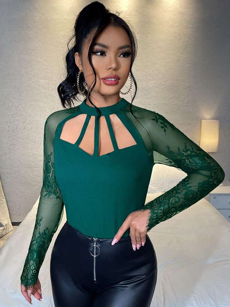 Button Stand Collar Dark Green Sexy Women Tops, Blouses  Tee 185