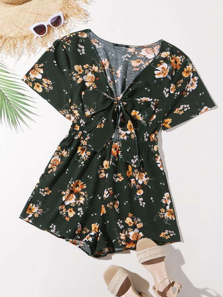 V neck Floral Short Dark Green Plus Size Jumpsuits  Bodysuits 616