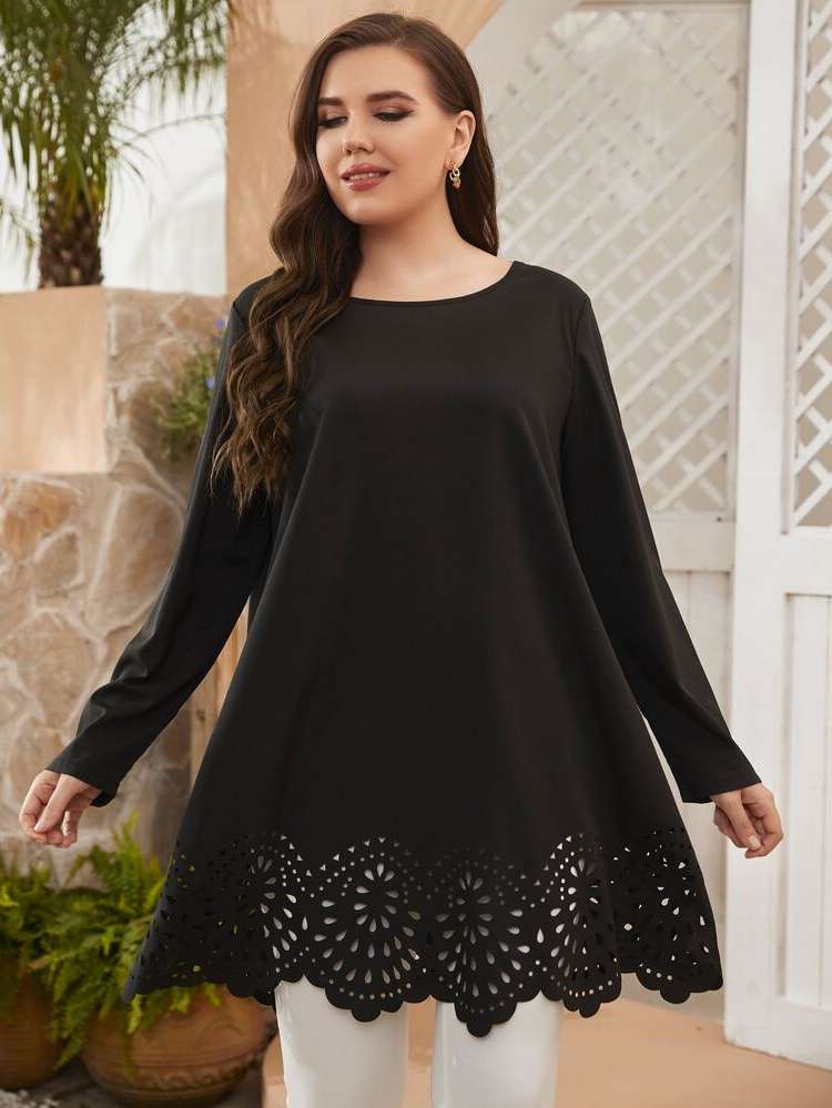  Plain Scallop Plus Size Blouses 6769