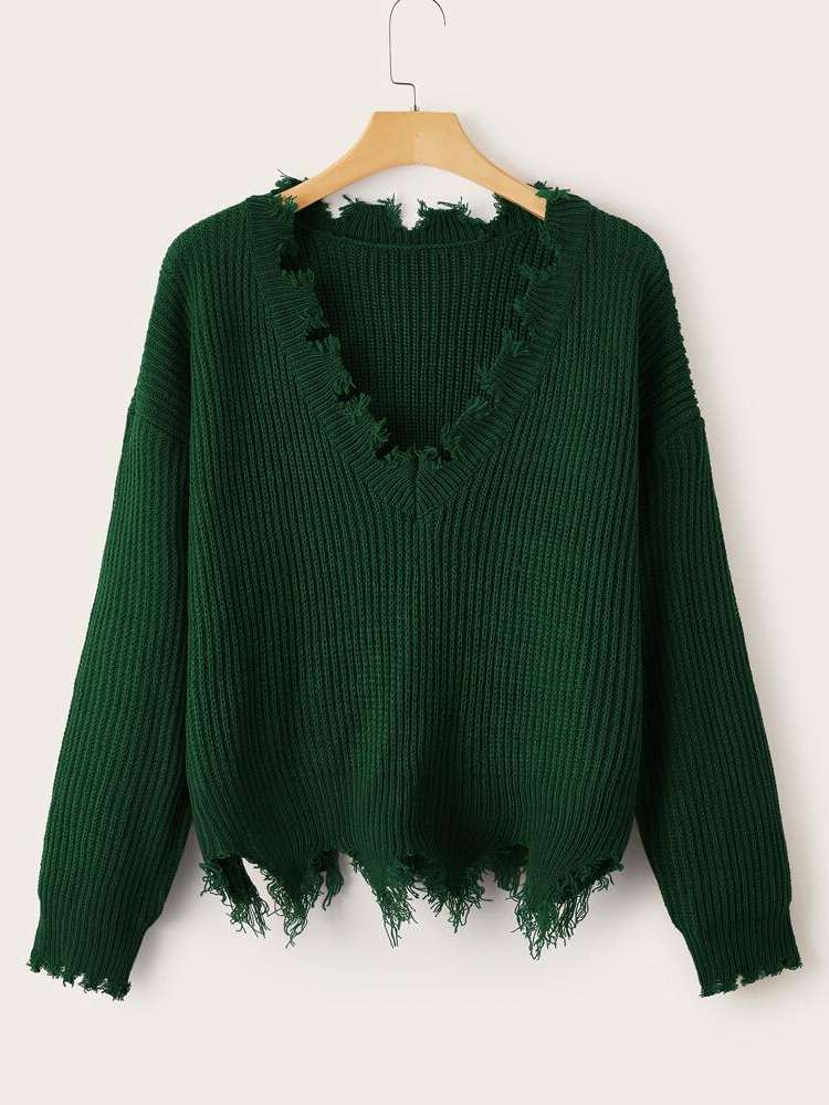 Regular Dark Green Plain Plus Size Knitwear 322