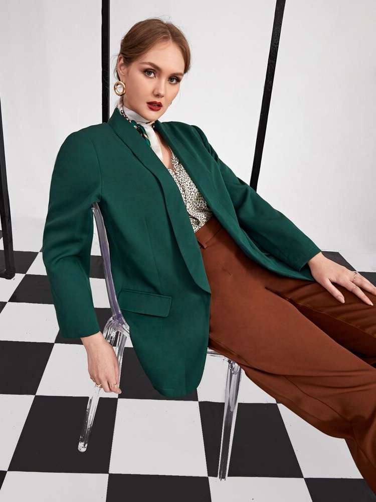  Dark Green Shawl Collar Plus Size Blazers 8195