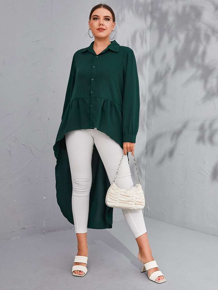 Regular Fit High Low Dark Green Plus Size Tops 775