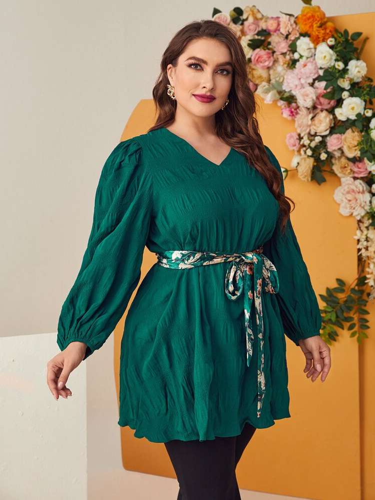  Long Sleeve V neck Dark Green Plus Size Tops 4563