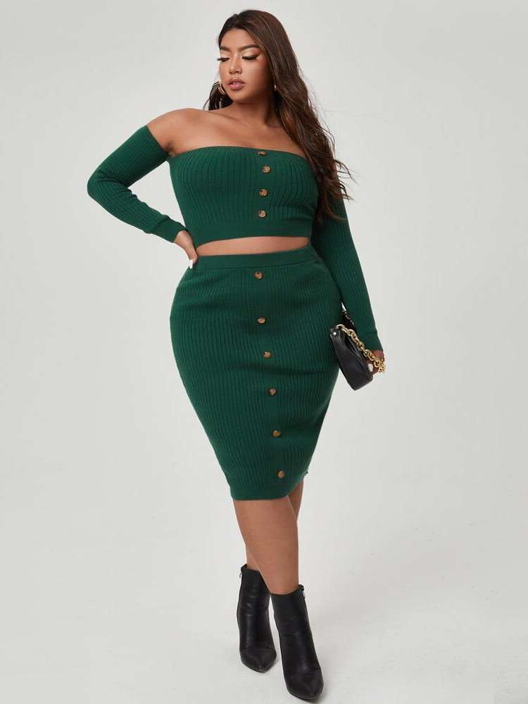 Slim Fit Dark Green Elegant Plain Plus Size Sweater Co-ords 9608