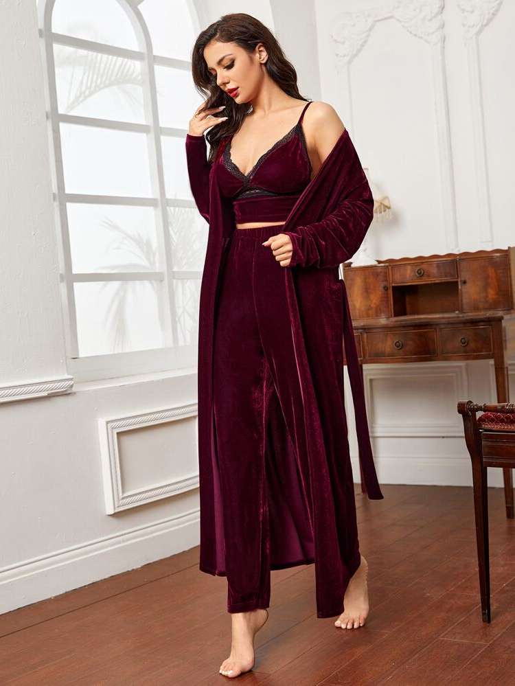 Dark Green Belted  Underwear  Sleepwear 8800