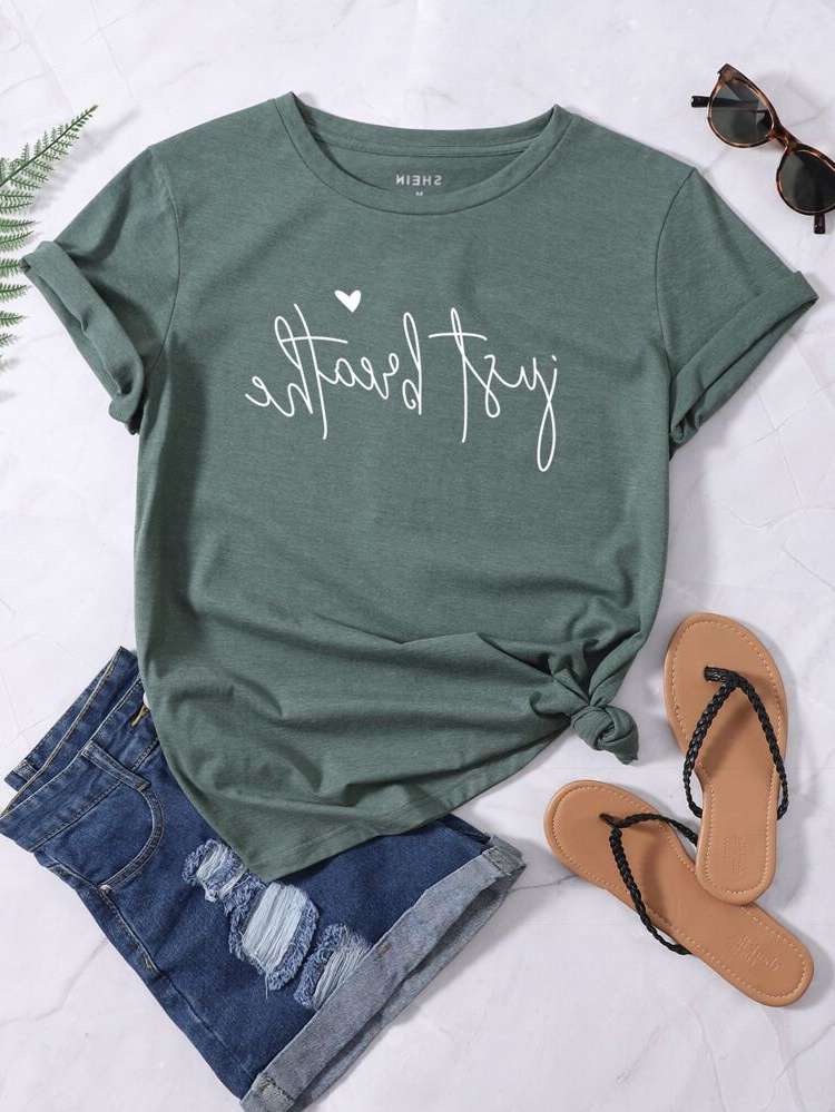 Dark Green Short Sleeve Heart Women Tops, Blouses  Tee 1212