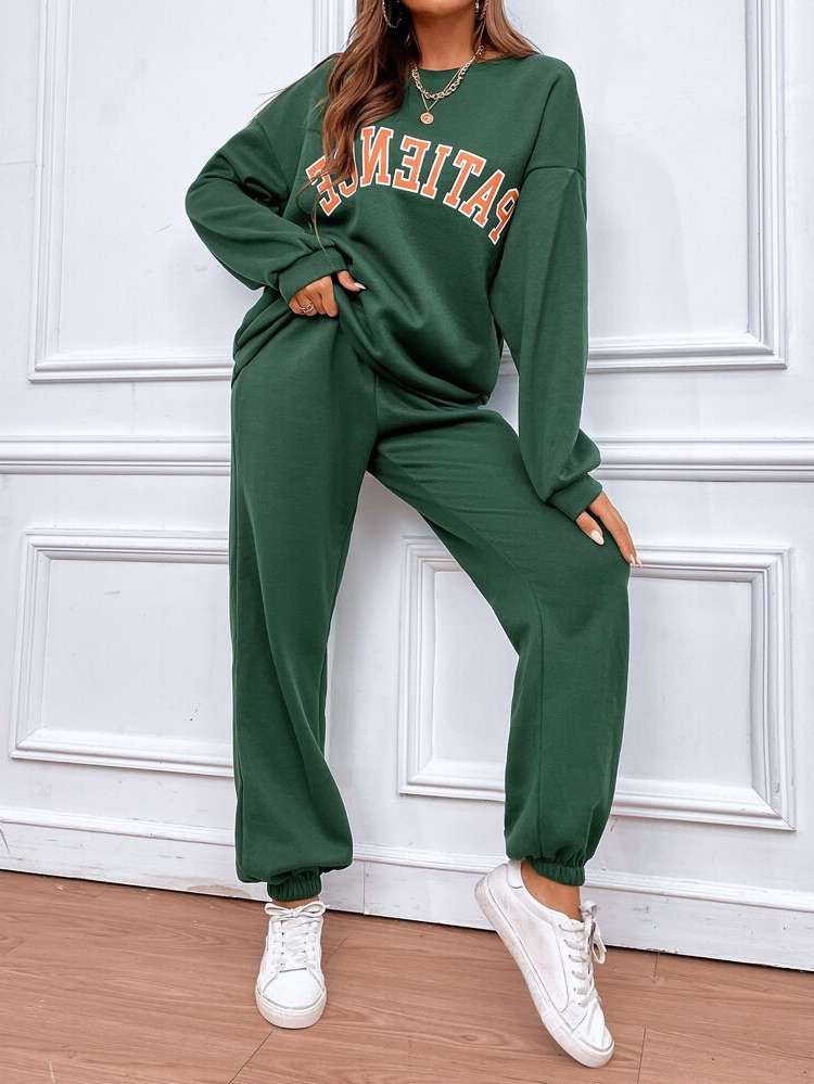 Letter Long Sleeve Regular Fit Dark Green Women Two-piece Outfits 556