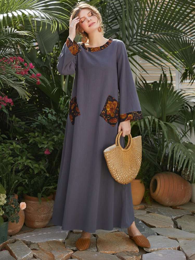 Casual Pocket Round Neck Arabian Dresses 6338