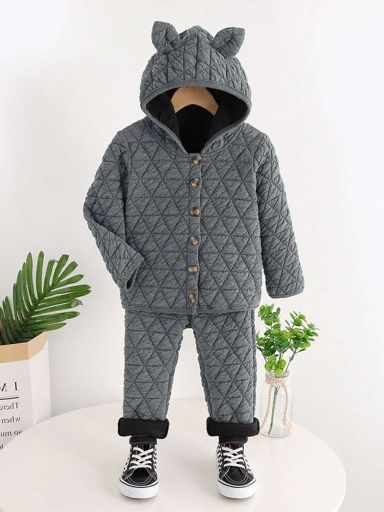 Long Sleeve Dark Grey Hooded Button Front Toddler Boy Two-piece Outfits 3850