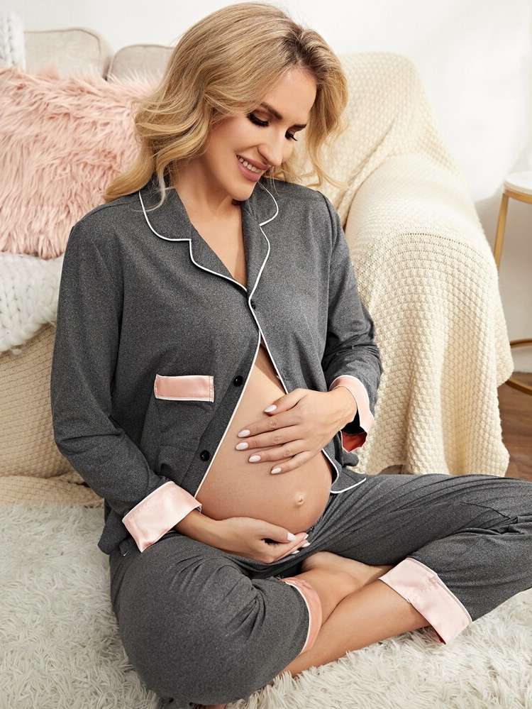 Pocket Dark Grey Long Sleeve Maternity Loungewear 3430