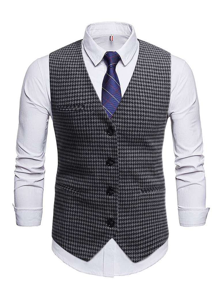 Work Sleeveless Houndstooth Men Suits  Separates 4572