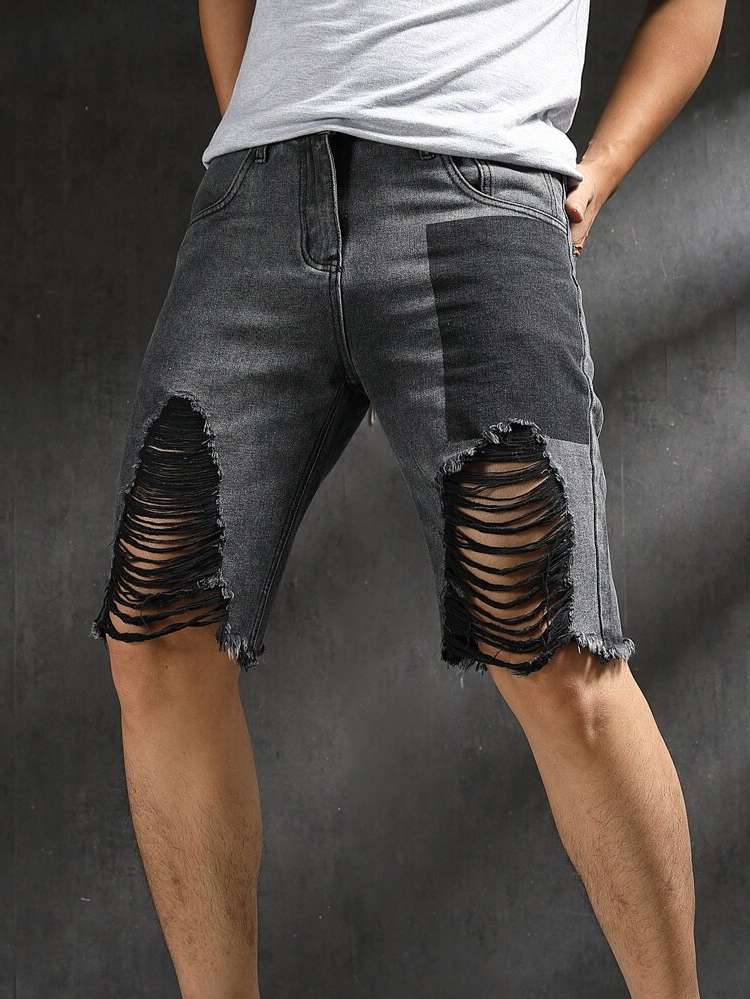 Plain Dark Grey Ripped Men Clothing 2939