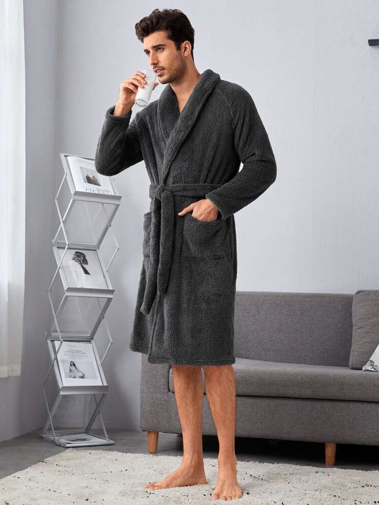  Dark Grey Belted Long Sleeve Men Underwear  Loungewear 8008