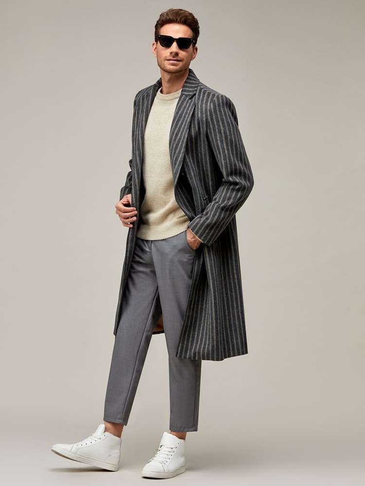  Dark Grey Lapel Striped Men Clothing 3463