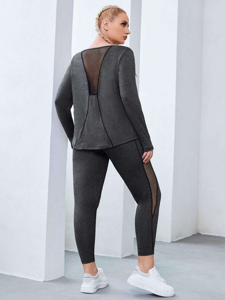  Long Sleeve Contrast Mesh Plus Size Sports Sets 5349