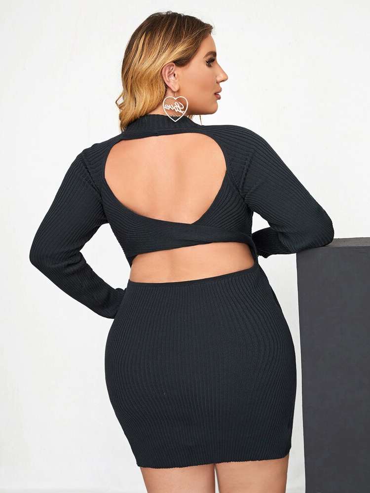 Backless Short Round Neck Plus Size Sweater Dresses 7037