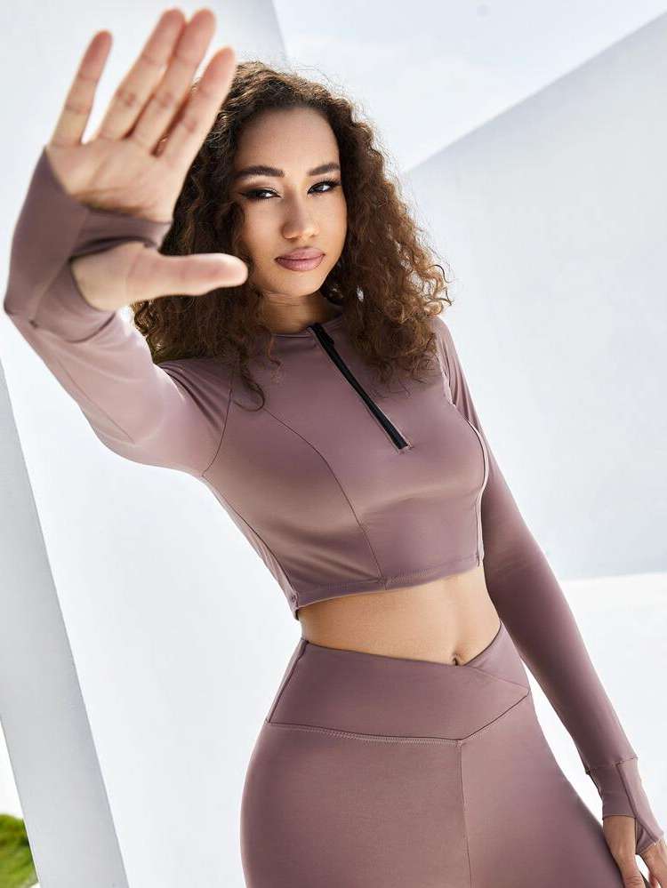 Long Sleeve Zipper Slim Fit Crop Women Active Tops 7246