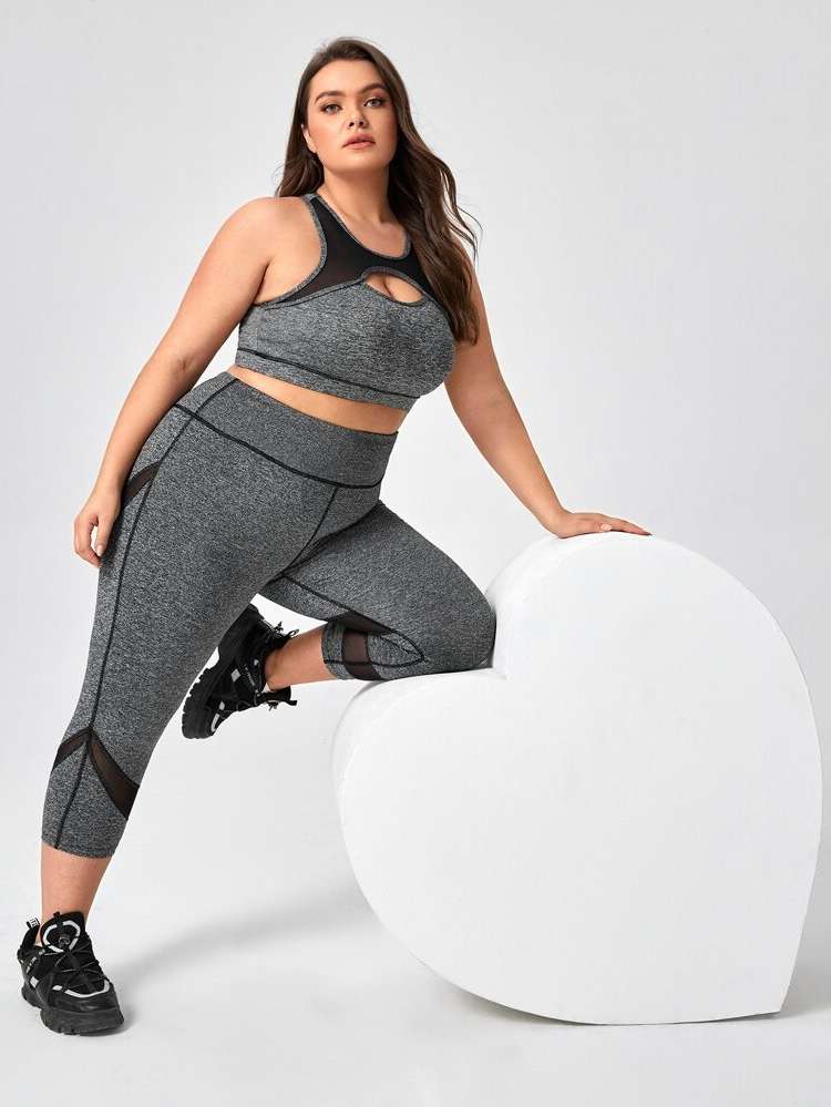 Dark Grey Contrast Mesh Sleeveless Plus Size Sports Bras 8019