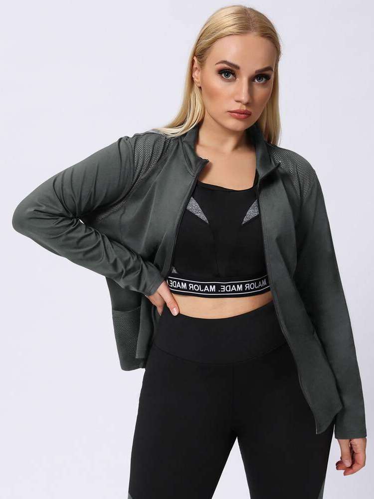 Dark Grey Stand Collar Long Sleeve Plus Size Sports Tops 9594