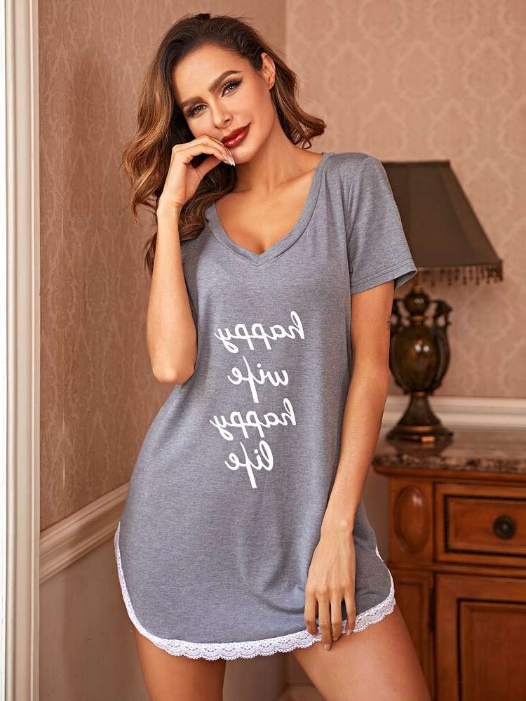  V neck Dark Grey Women Sleepwear 855