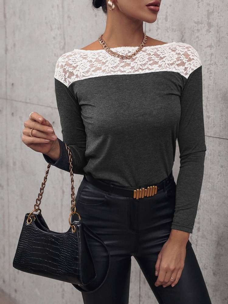 Dark Grey Colorblock Contrast Lace Long Sleeve Women Clothing 271