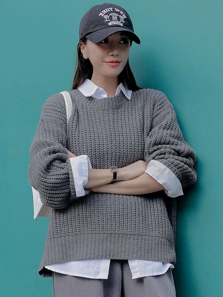  Rib-Knit Plain Dark Grey Women Sweaters 414